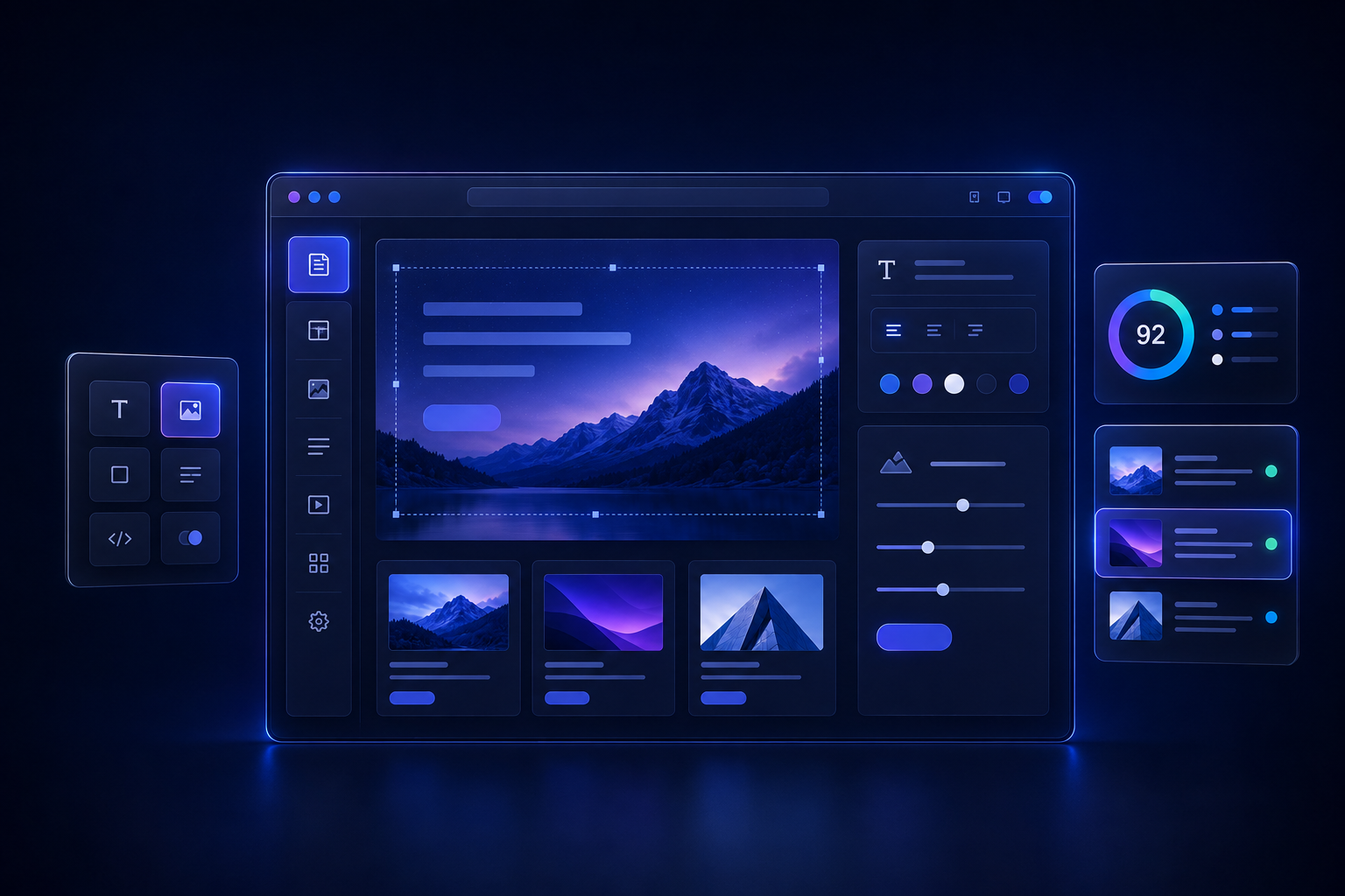 Ilustrasi dashboard Putrasmart CMS dengan visual editor, SEO score, artikel manager, dan media library